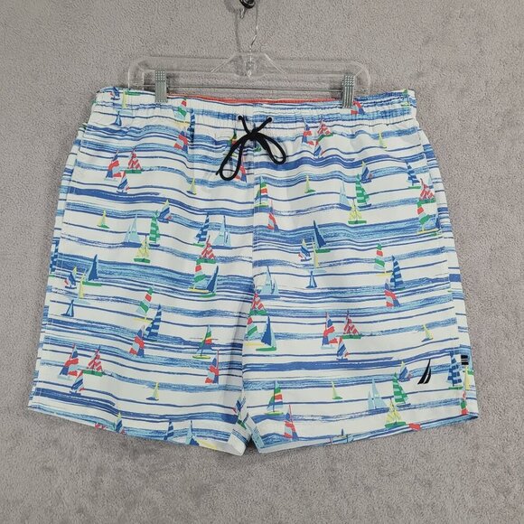 Nautica Mens XL Striped Sailboat Swim Trunks Polyester Blue & White - Picture 1 of 5